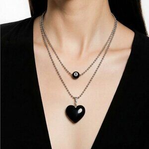 2 pieces Black Heart and 8 Ball Necklace Set
